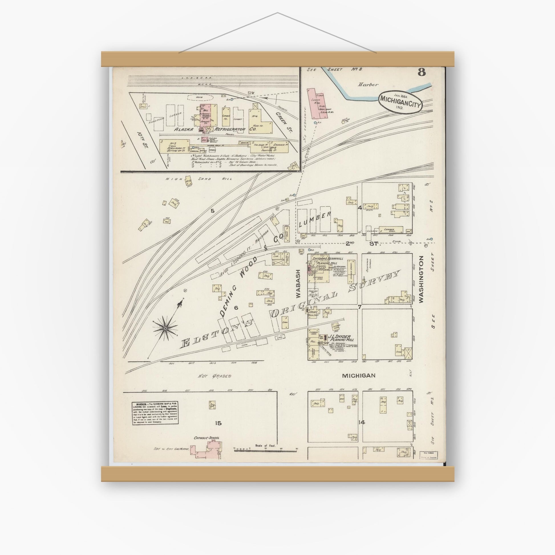 Old map wall art mockup — magnetic wood frame on white wall — Sanborn Fire Insurance Map from Michigan City, La Porte  County, Indiana (1884), Sheet #0008