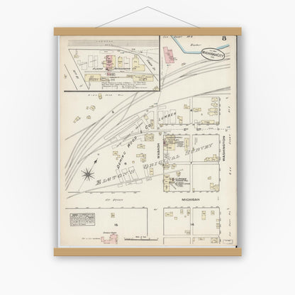 Old map wall art mockup — magnetic wood frame on white wall — Sanborn Fire Insurance Map from Michigan City, La Porte  County, Indiana (1884), Sheet #0008
