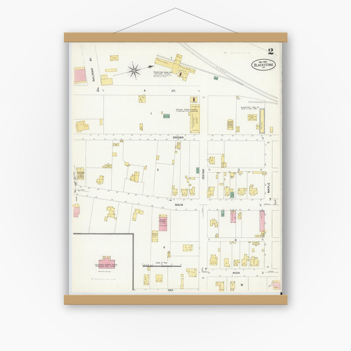 Old map wall art mockup — magnetic wood frame on white wall — Sanborn Fire Insurance Map from Blackstone, Nottoway County, Virginia (1908), Sheet #0002