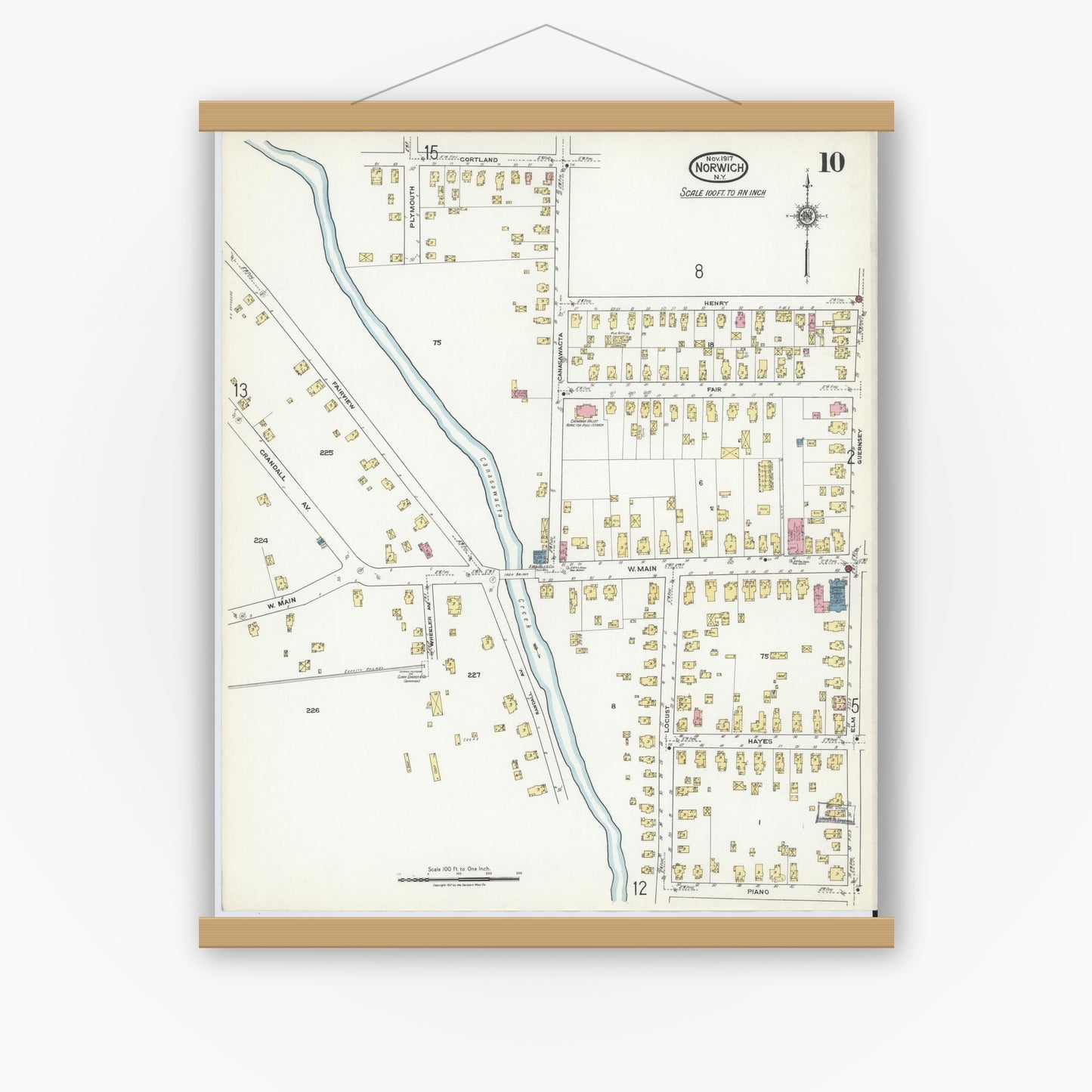 Old map wall art mockup — magnetic wood frame on white wall — Sanborn Fire Insurance Map from Norwich, Chenango County, New York (1917), Sheet #0010