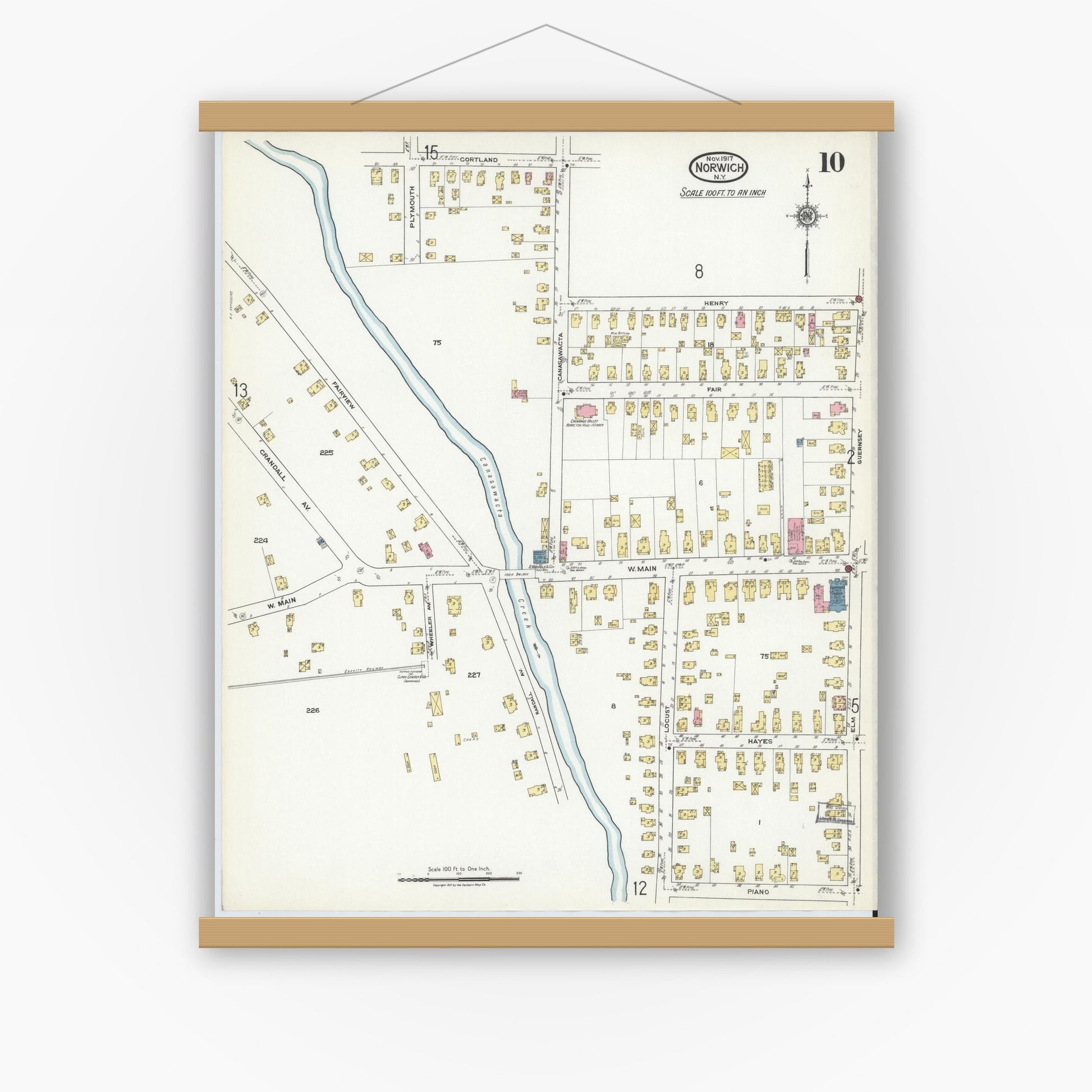 Old map wall art mockup — magnetic wood frame on white wall — Sanborn Fire Insurance Map from Norwich, Chenango County, New York (1917), Sheet #0010
