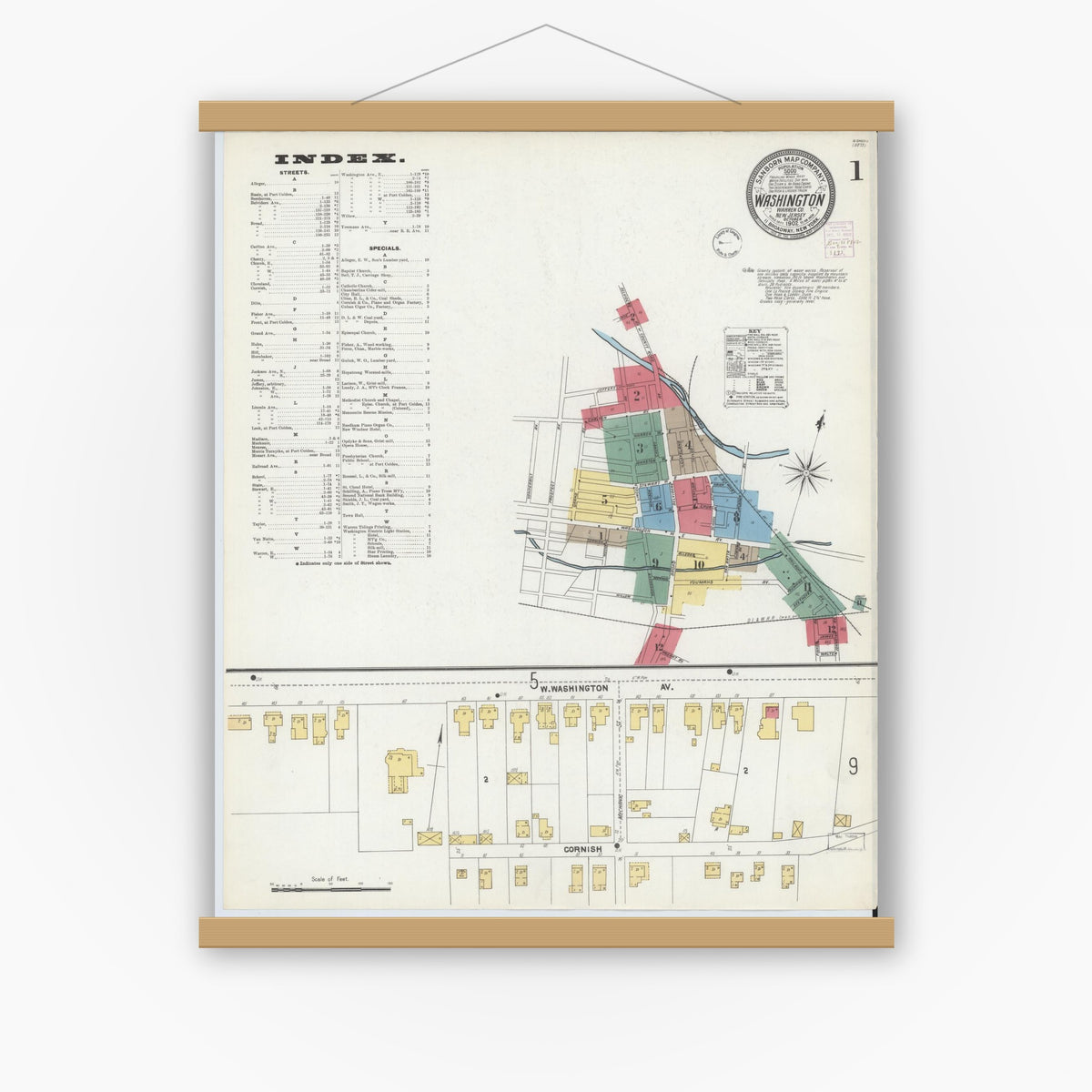 Old map wall art mockup — magnetic wood frame on white wall — Sanborn Fire Insurance Map from Washington, Warren County, New Jersey (1902), Sheet #0001