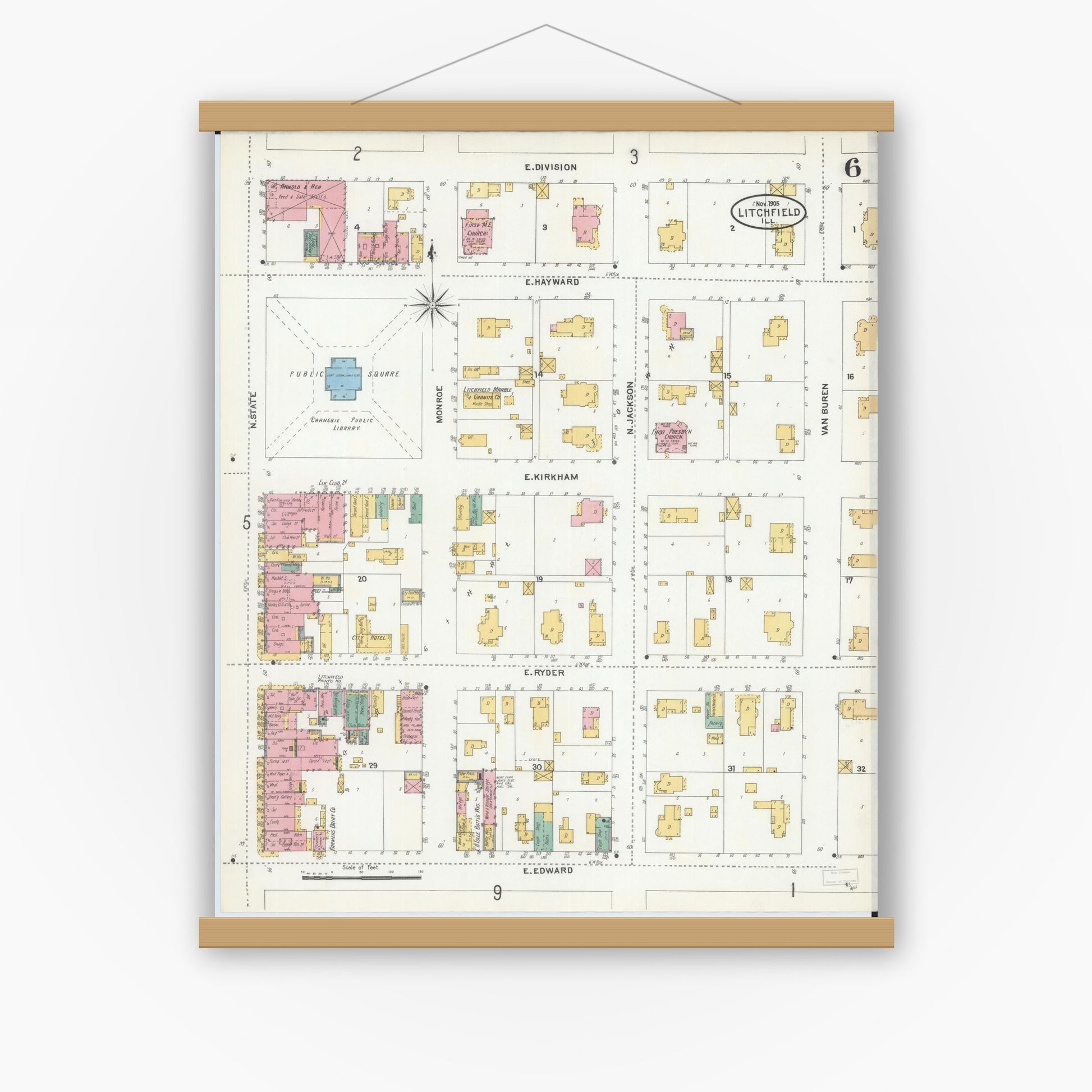 Old map wall art mockup — magnetic wood frame on white wall — Sanborn Fire Insurance Map from Litchfield, Montgomery County, Illinois (1905), Sheet #0006