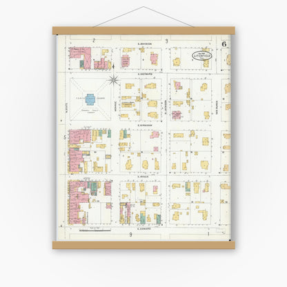 Old map wall art mockup — magnetic wood frame on white wall — Sanborn Fire Insurance Map from Litchfield, Montgomery County, Illinois (1905), Sheet #0006