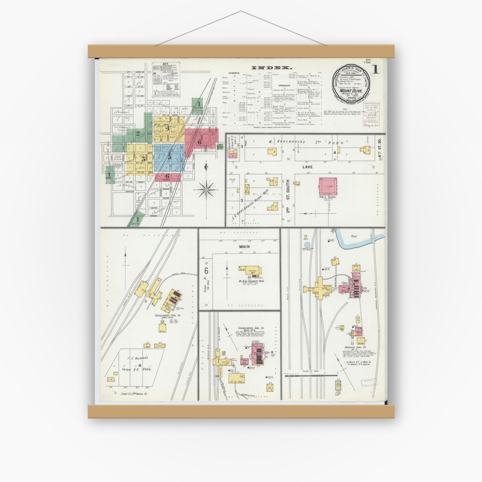 Old map wall art mockup — magnetic wood frame on white wall — Sanborn Fire Insurance Map from Mount Olive, Macoupin County, Illinois (1899), Sheet #0001