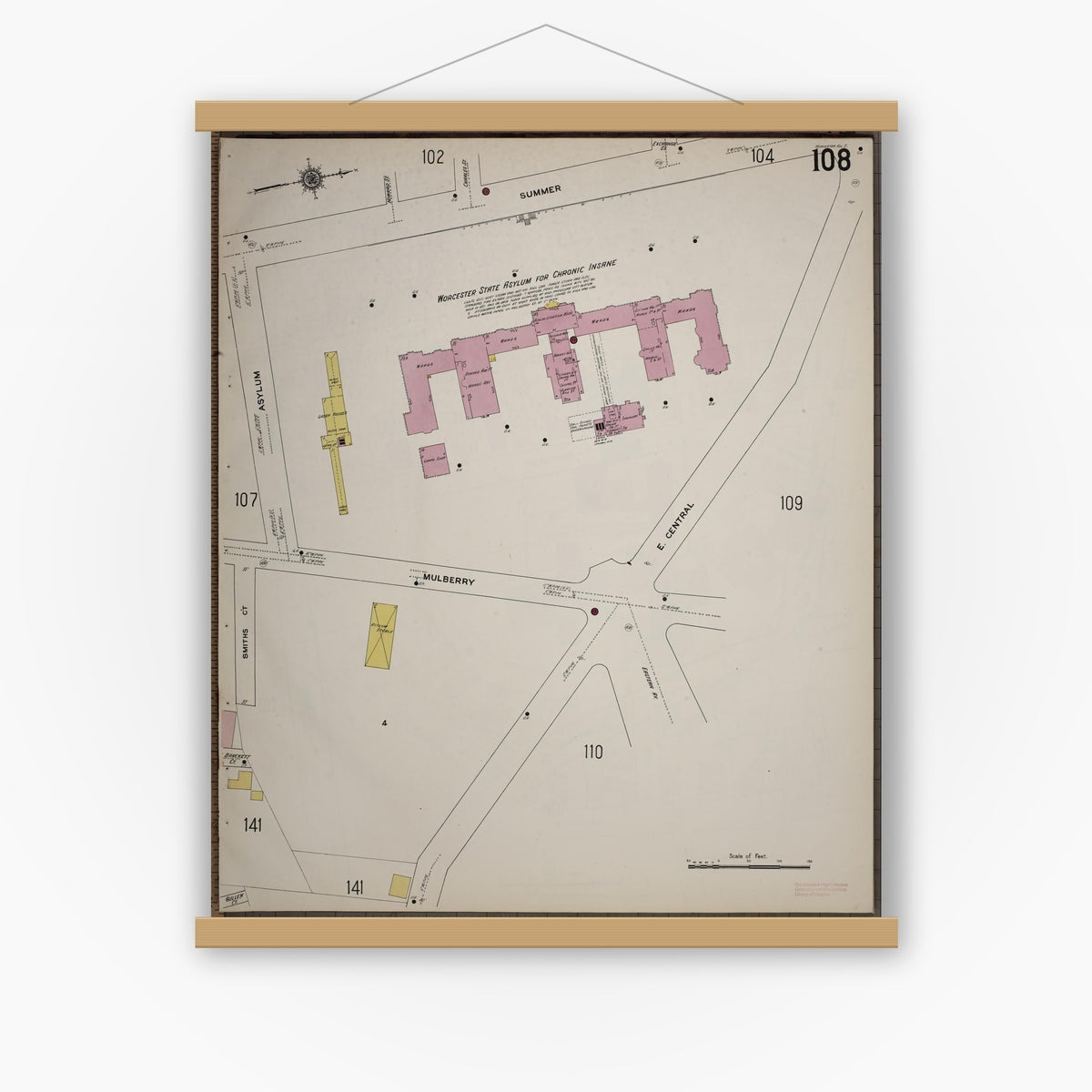 Old map wall art mockup — magnetic wood frame on white wall — Sanborn Fire Insurance Map from Worcester, Worcester County, Massachusetts (1910), Sheet #0108