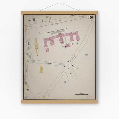 Old map wall art mockup — magnetic wood frame on white wall — Sanborn Fire Insurance Map from Worcester, Worcester County, Massachusetts (1910), Sheet #0108