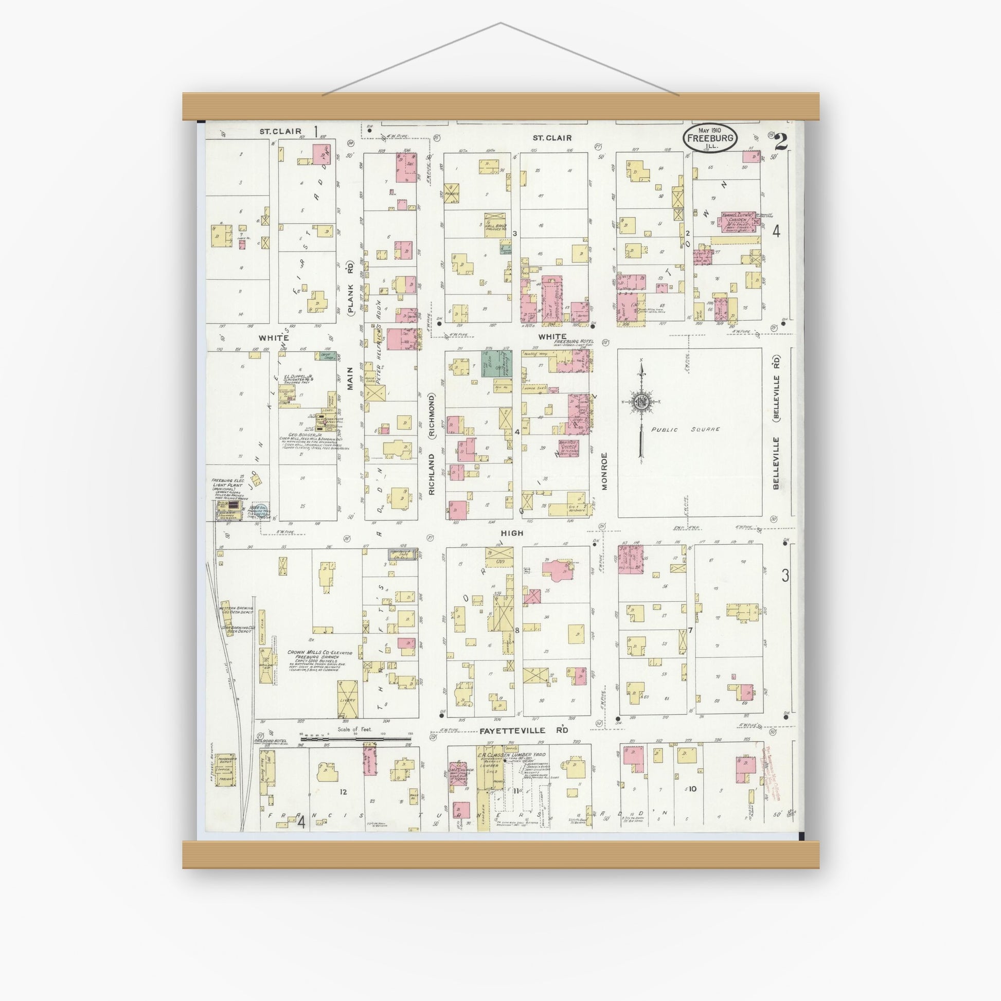 Old map wall art mockup — magnetic wood frame on white wall — Sanborn Fire Insurance Map from Freeburg, Saint Clair County, Illinois (1910), Sheet #0002