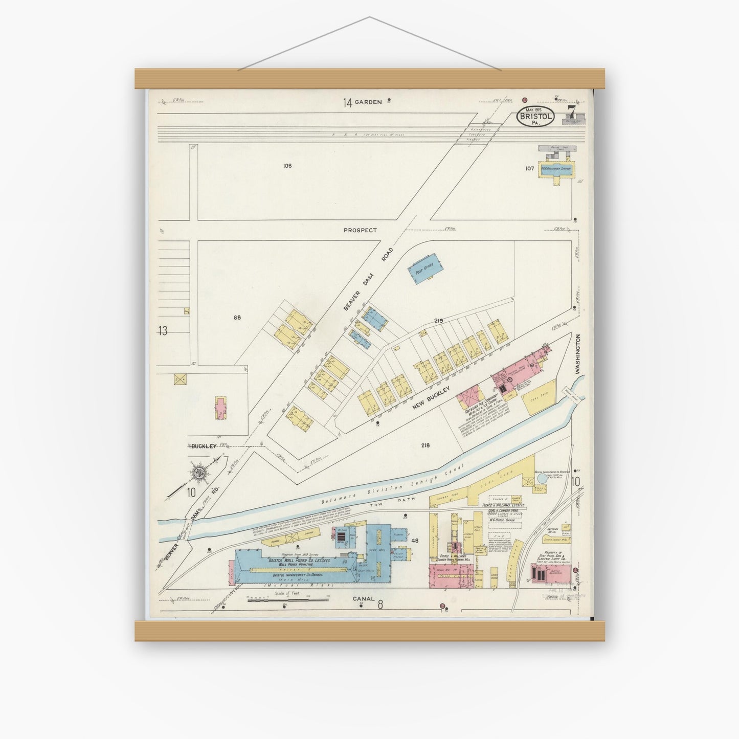 Old map wall art mockup — magnetic wood frame on white wall — Sanborn Fire Insurance Map from Bristol, Bucks County, Pennsylvania (1915), Sheet #0007
