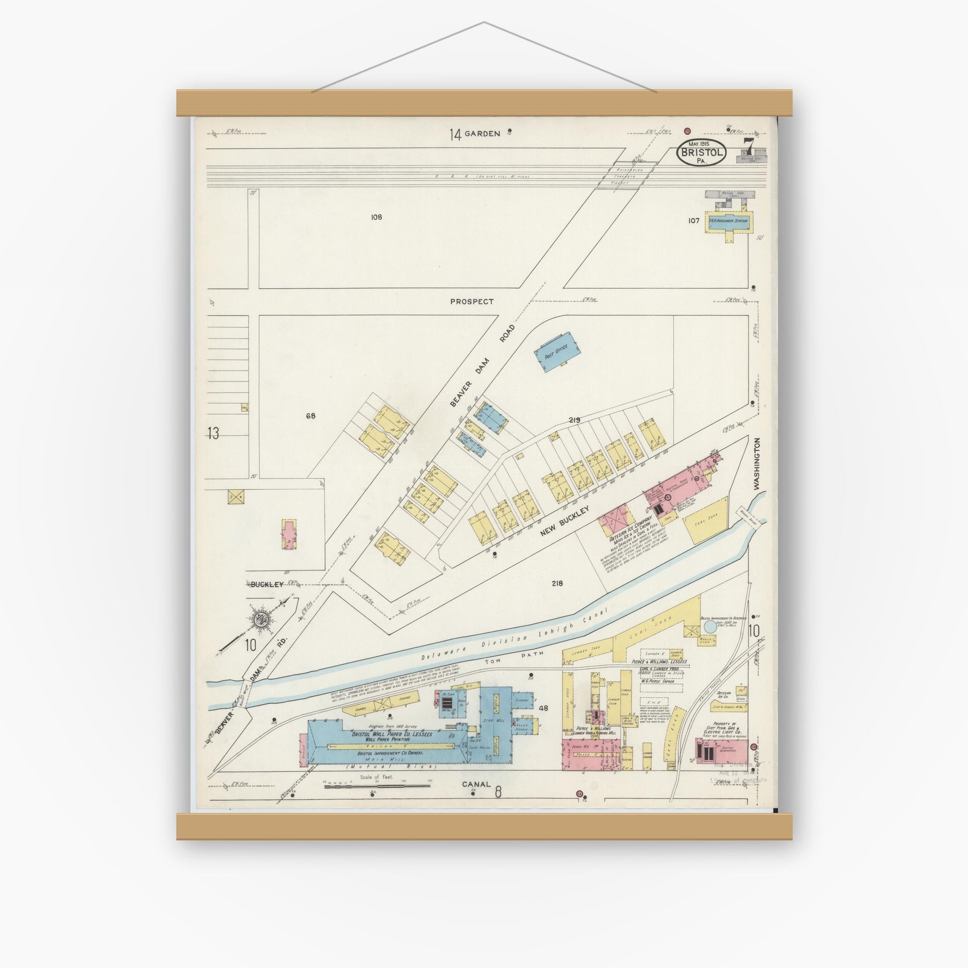 Old map wall art mockup — magnetic wood frame on white wall — Sanborn Fire Insurance Map from Bristol, Bucks County, Pennsylvania (1915), Sheet #0007