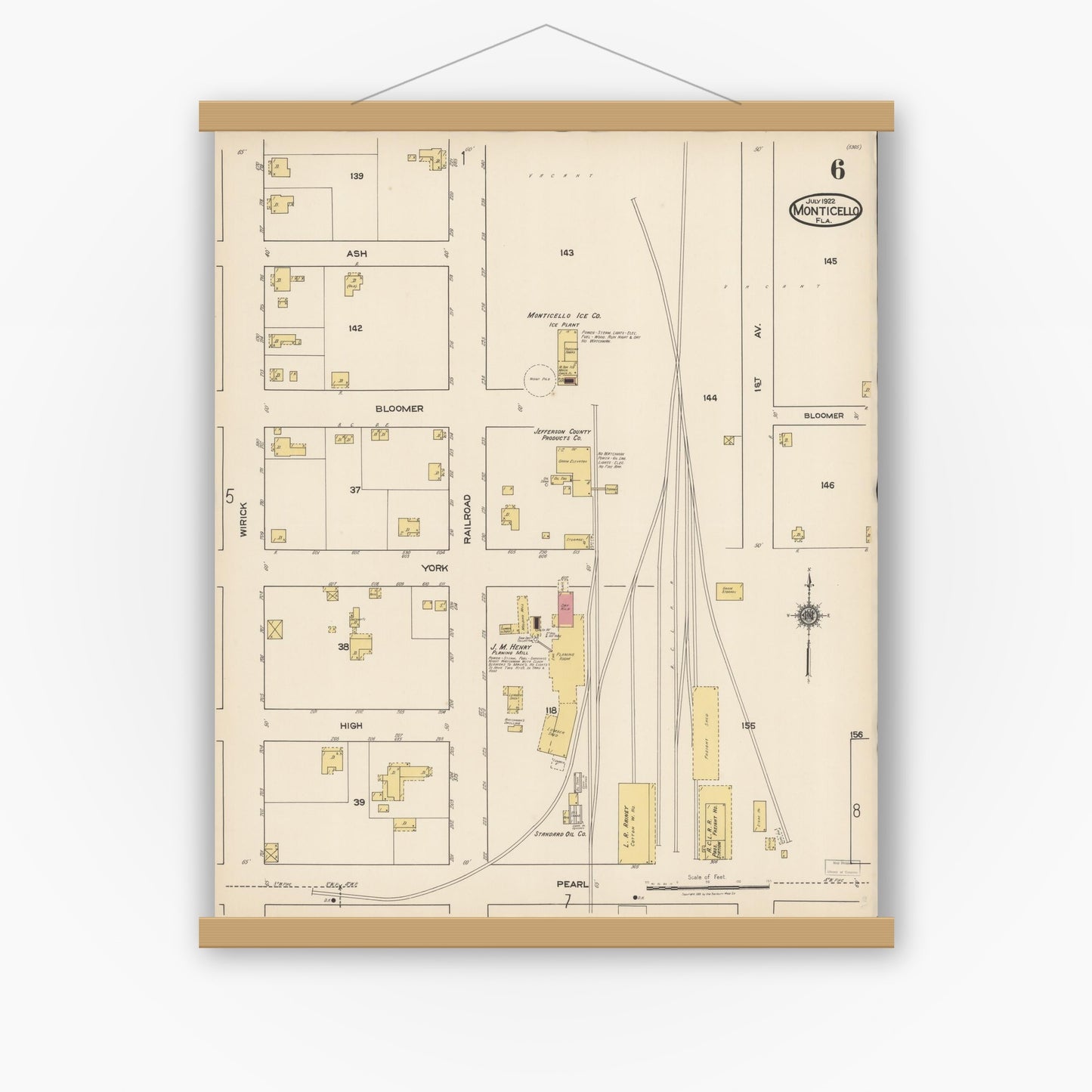 Old map wall art mockup — magnetic wood frame on white wall — Sanborn Fire Insurance Map from Monticello, Jefferson County, Florida (1922), Sheet #0006