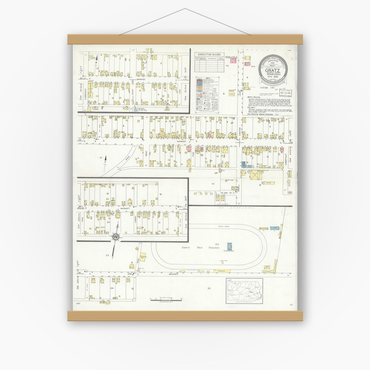 Old map wall art mockup — magnetic wood frame on white wall — Sanborn Fire Insurance Map from Gratz, Dauphin County, Pennsylvania (1934), Sheet #0001