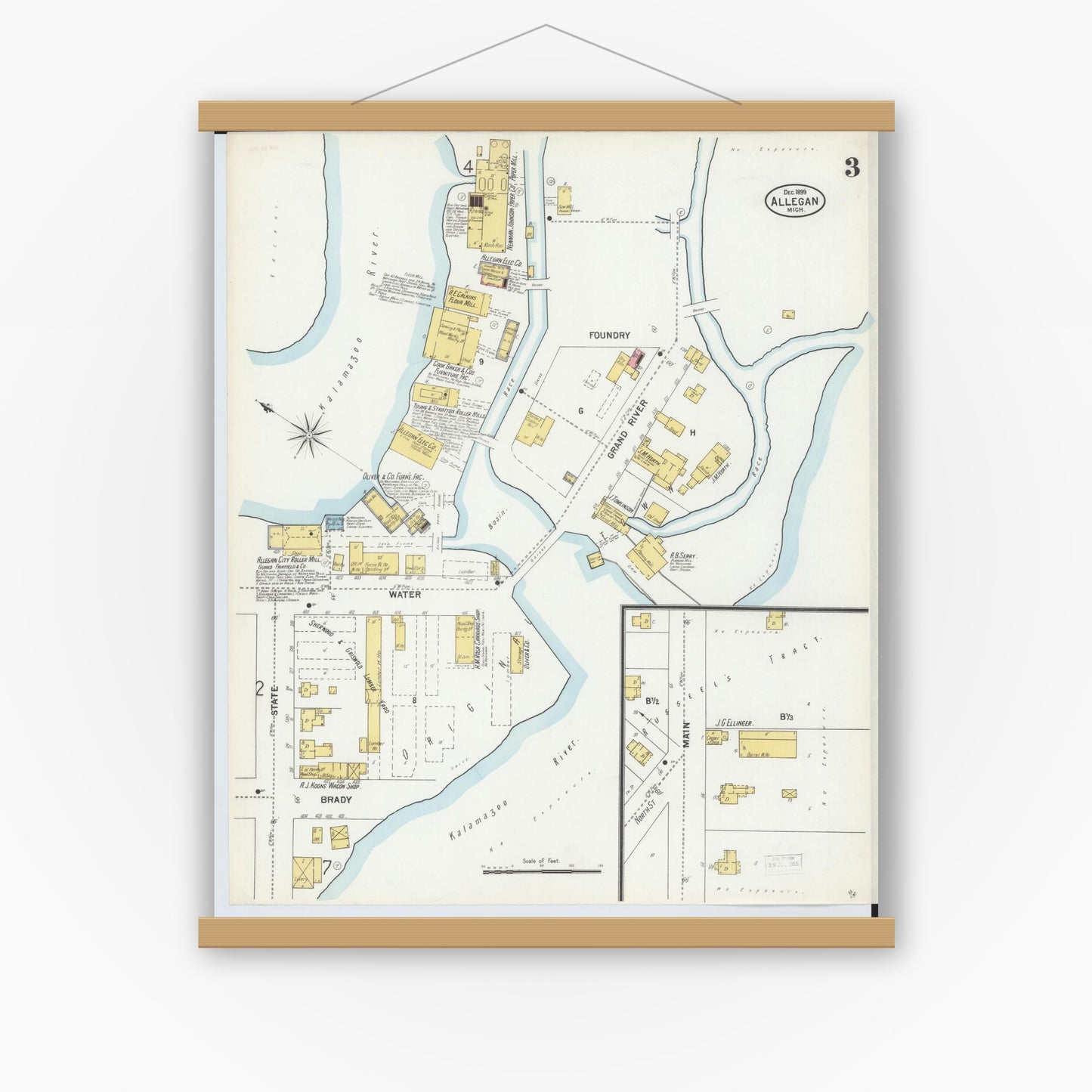 Old map wall art mockup — magnetic wood frame on white wall — Sanborn Fire Insurance Map from Allegan, Allegan County, Michigan (1899), Sheet #0003