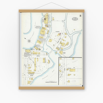 Old map wall art mockup — magnetic wood frame on white wall — Sanborn Fire Insurance Map from Allegan, Allegan County, Michigan (1899), Sheet #0003