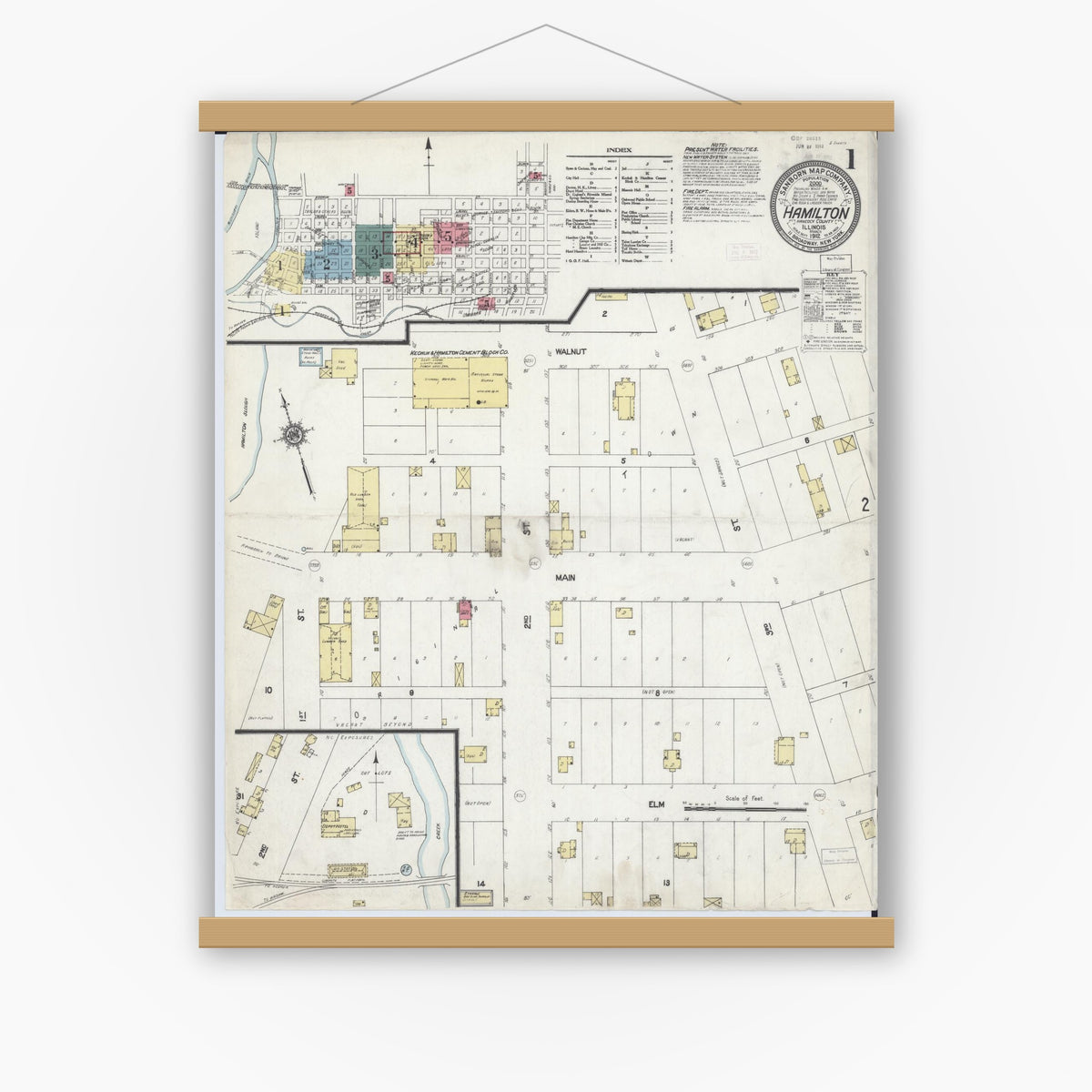 Old map wall art mockup — magnetic wood frame on white wall — Sanborn Fire Insurance Map from Hamilton, Hancock County, Illinois (1912) - Complete Map Set