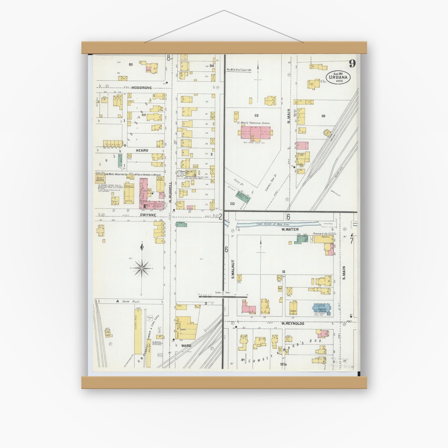 Old map wall art mockup — magnetic wood frame on white wall — Sanborn Fire Insurance Map from Urbana, Champaign County, Ohio (1901), Sheet #0009