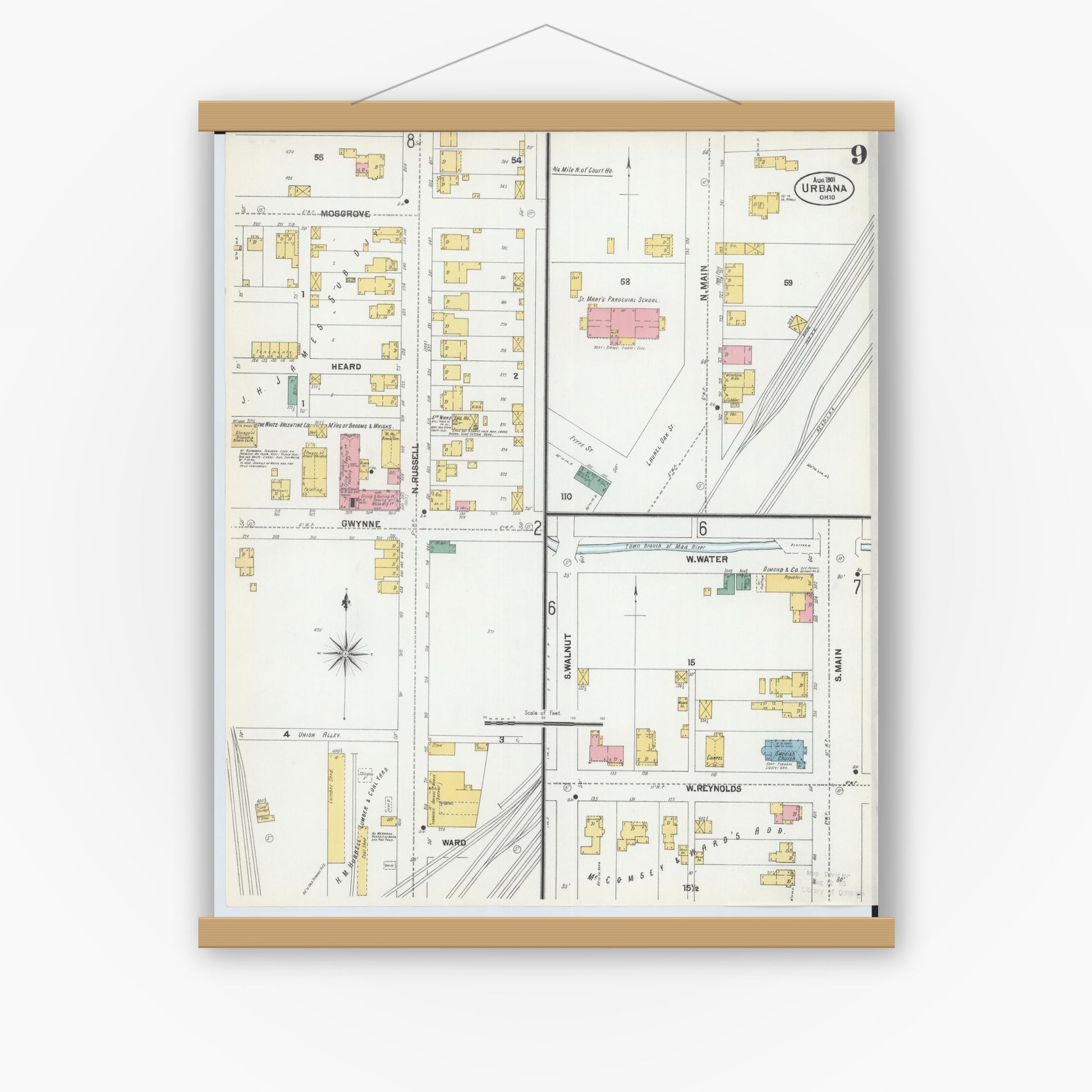 Old map wall art mockup — magnetic wood frame on white wall — Sanborn Fire Insurance Map from Urbana, Champaign County, Ohio (1901), Sheet #0009