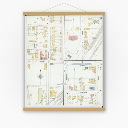 Old map wall art mockup — magnetic wood frame on white wall — Sanborn Fire Insurance Map from Urbana, Champaign County, Ohio (1901), Sheet #0009