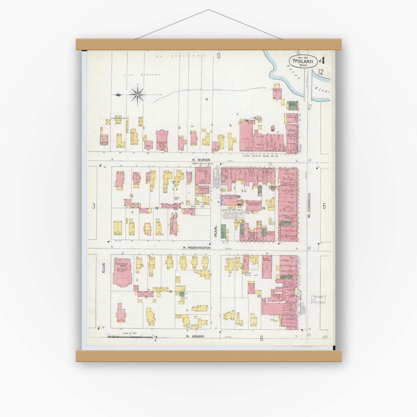Old map wall art mockup — magnetic wood frame on white wall — Sanborn Fire Insurance Map from Ypsilanti, Washtenaw County, Michigan (1899), Sheet #0004