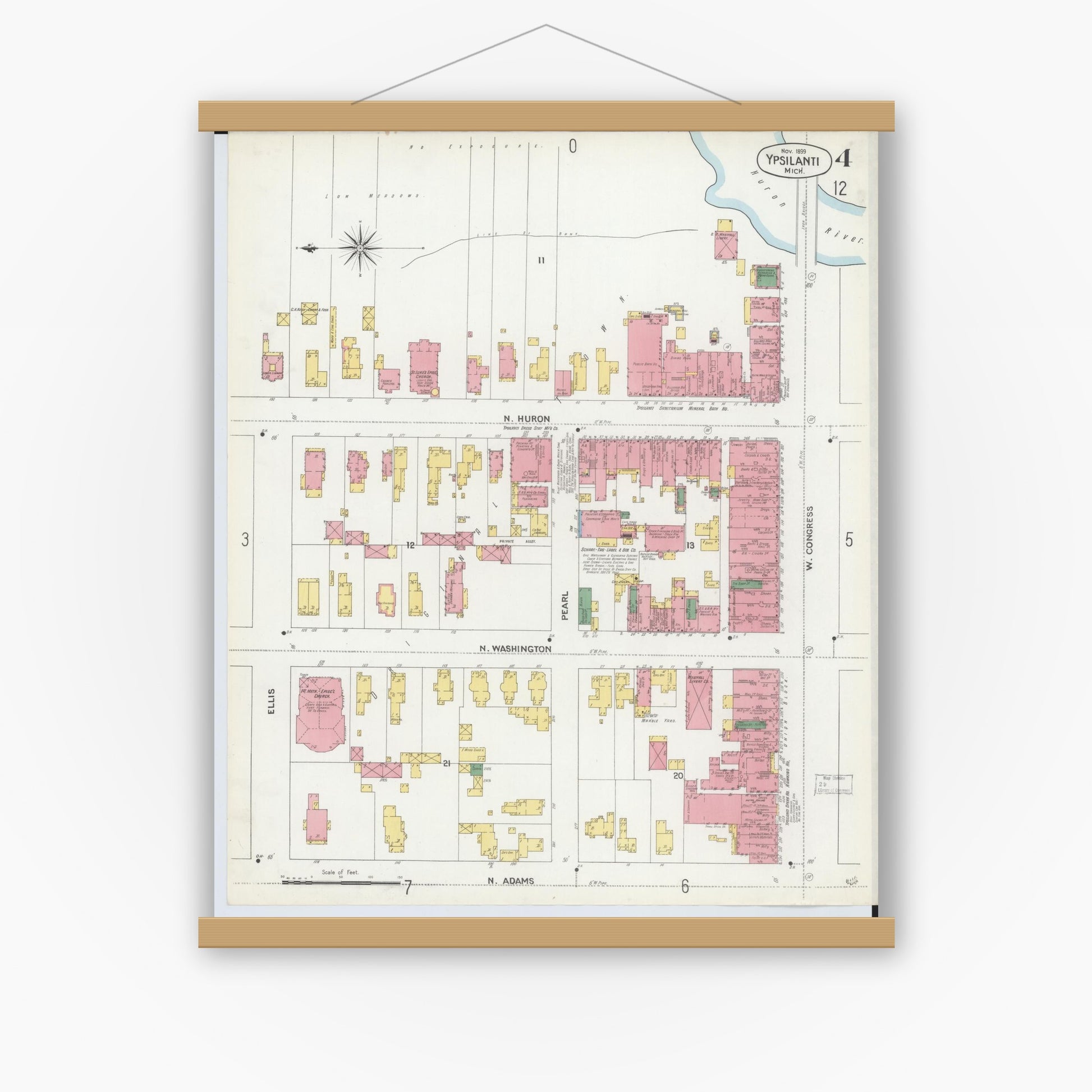 Old map wall art mockup — magnetic wood frame on white wall — Sanborn Fire Insurance Map from Ypsilanti, Washtenaw County, Michigan (1899), Sheet #0004