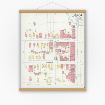 Old map wall art mockup — magnetic wood frame on white wall — Sanborn Fire Insurance Map from Ypsilanti, Washtenaw County, Michigan (1899), Sheet #0004