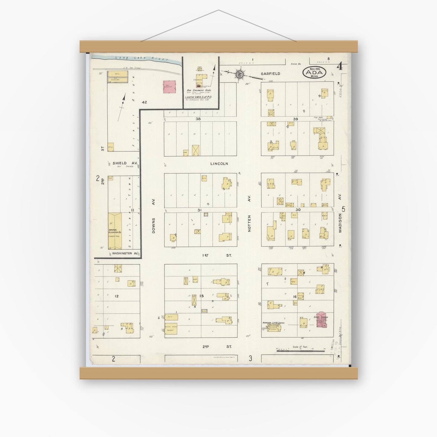 Old map wall art mockup — magnetic wood frame on white wall — Sanborn Fire Insurance Map from Ada, Norman County, Minnesota (1916), Sheet #0004