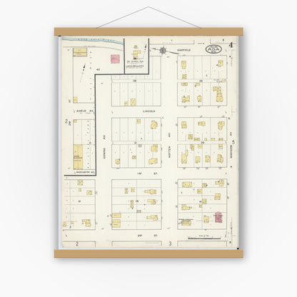 Old map wall art mockup — magnetic wood frame on white wall — Sanborn Fire Insurance Map from Ada, Norman County, Minnesota (1916), Sheet #0004