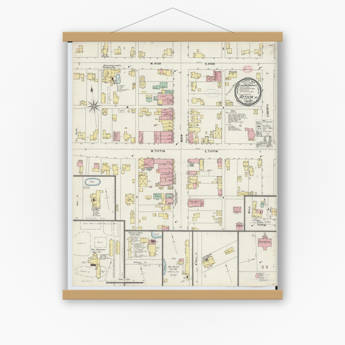Old map wall art mockup — magnetic wood frame on white wall — Sanborn Fire Insurance Map from Attica, Seneca County, Ohio (1897), Sheet #0001
