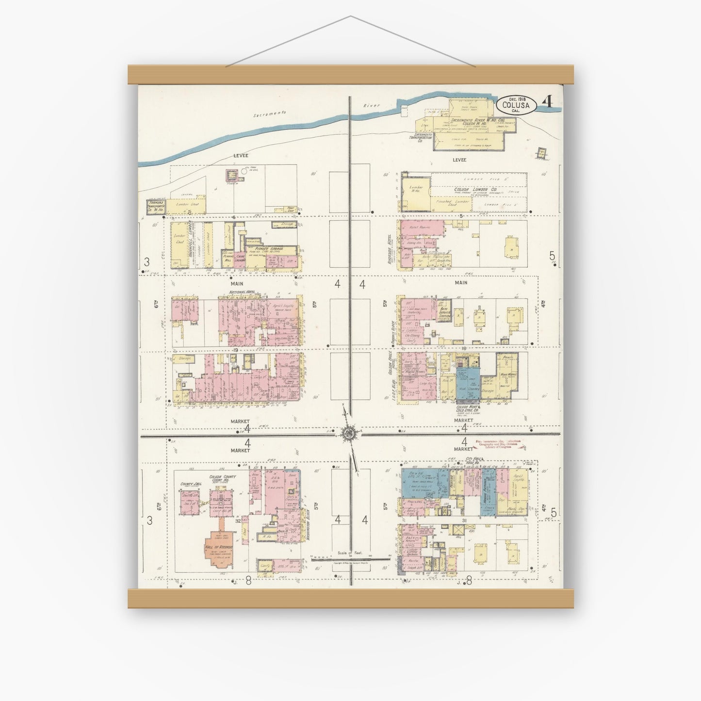 Old map wall art mockup — magnetic wood frame on white wall — Sanborn Fire Insurance Map from Colusa, Colusa County, California (1918), Sheet #0004