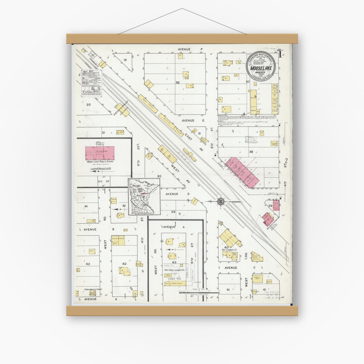 Old map wall art mockup — magnetic wood frame on white wall — Sanborn Fire Insurance Map from Moose Lake, Carlton County, Minnesota (1919), Sheet #0001