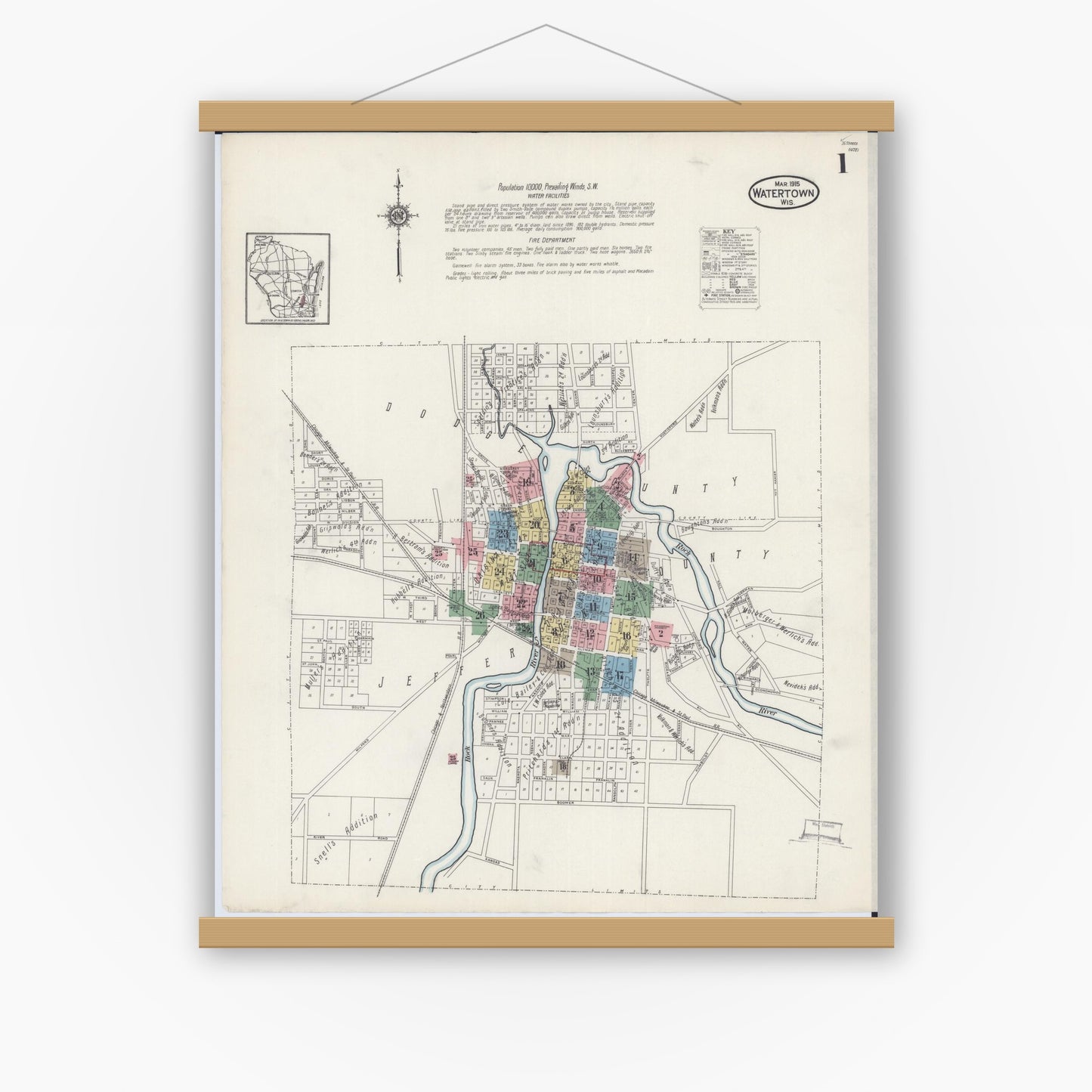 Old map wall art mockup — magnetic wood frame on white wall — Sanborn Fire Insurance Map from Watertown, Jefferson County, Wisconsin (1915), Sheet #0002
