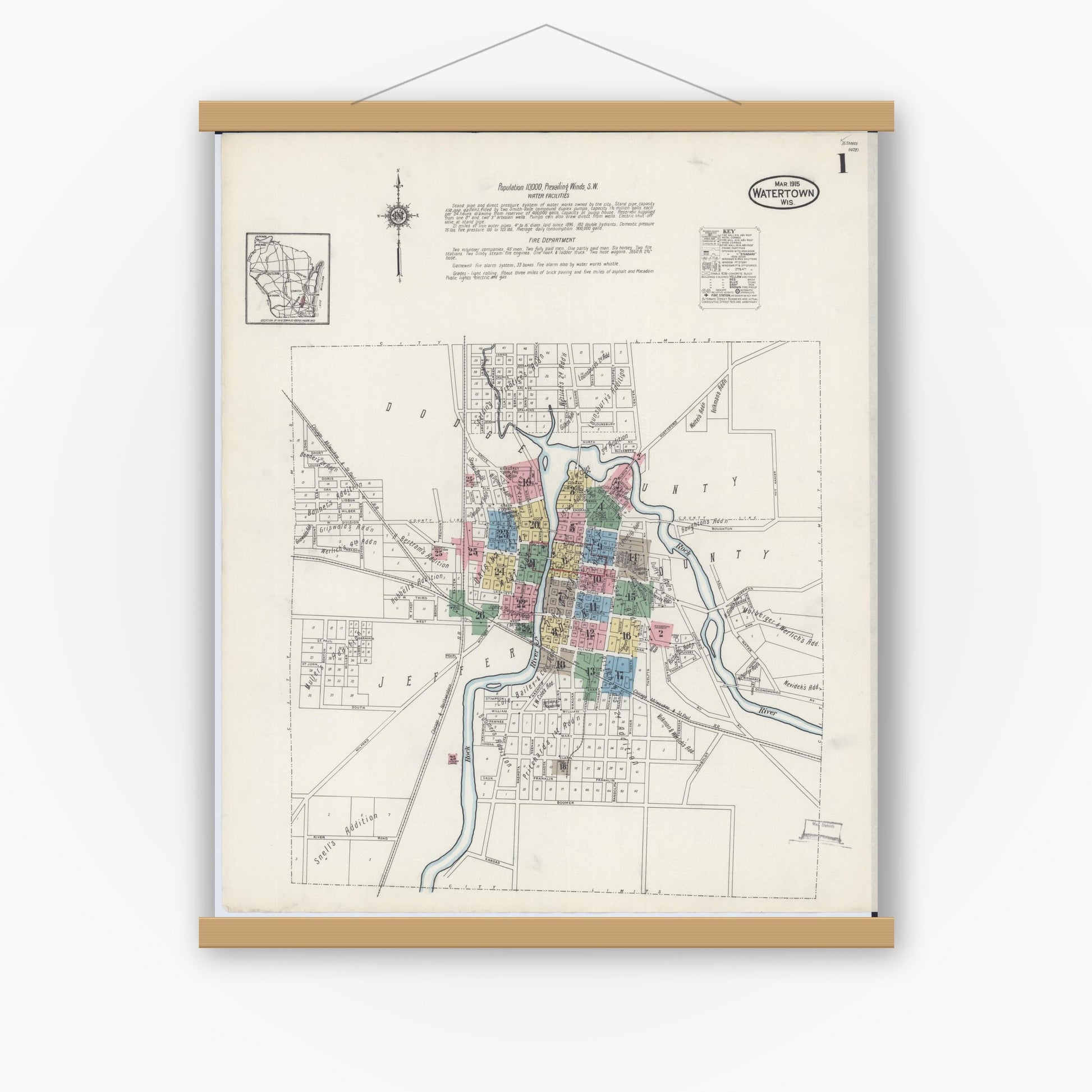 Old map wall art mockup — magnetic wood frame on white wall — Sanborn Fire Insurance Map from Watertown, Jefferson County, Wisconsin (1915), Sheet #0002
