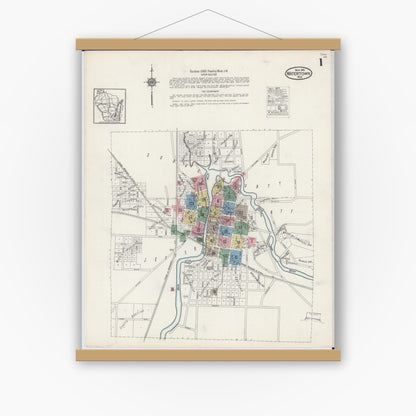 Old map wall art mockup — magnetic wood frame on white wall — Sanborn Fire Insurance Map from Watertown, Jefferson County, Wisconsin (1915), Sheet #0002