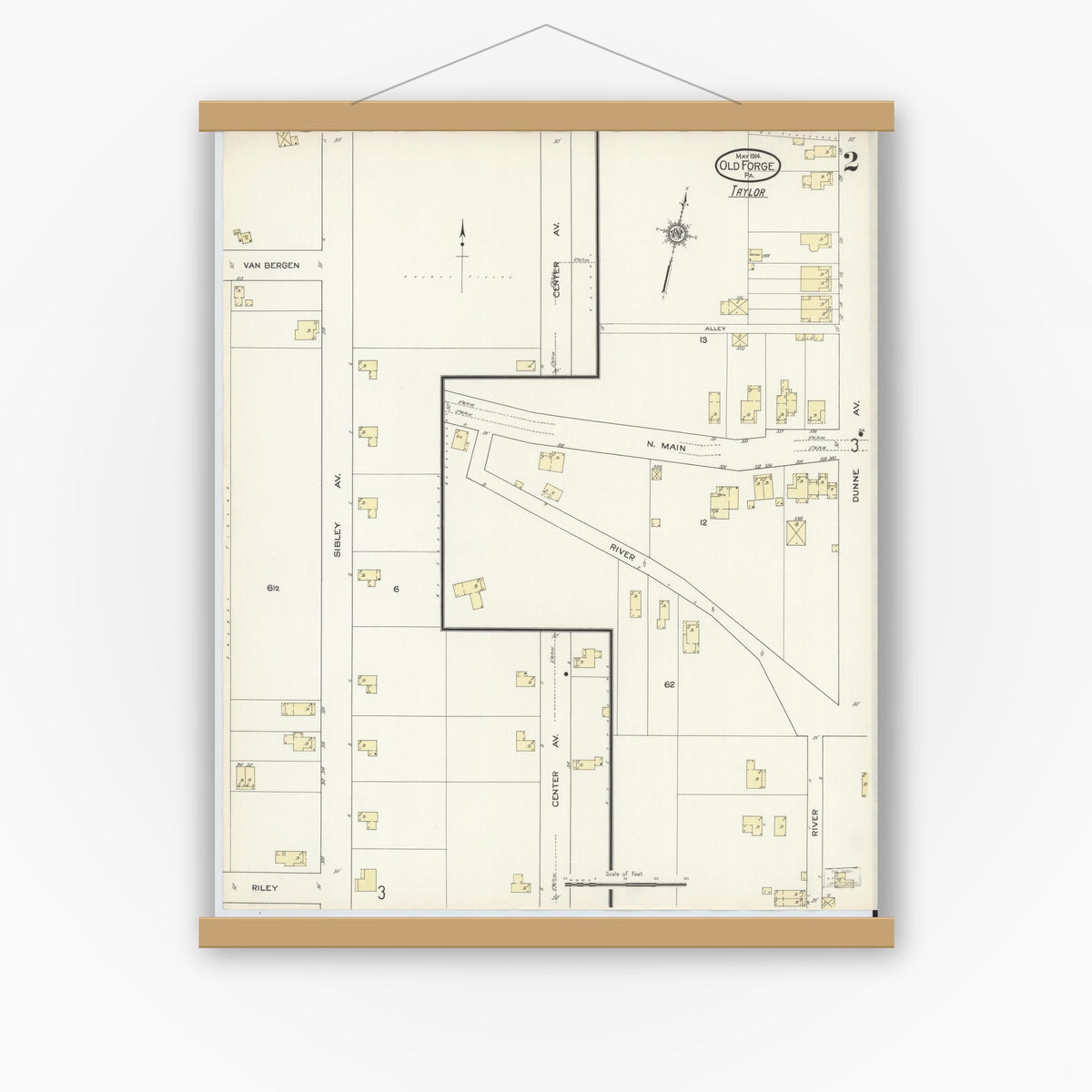 Old map wall art mockup — magnetic wood frame on white wall — Sanborn Fire Insurance Map from Old Forge, Lackawanna County, Pennsylvania (1914), Sheet #0002