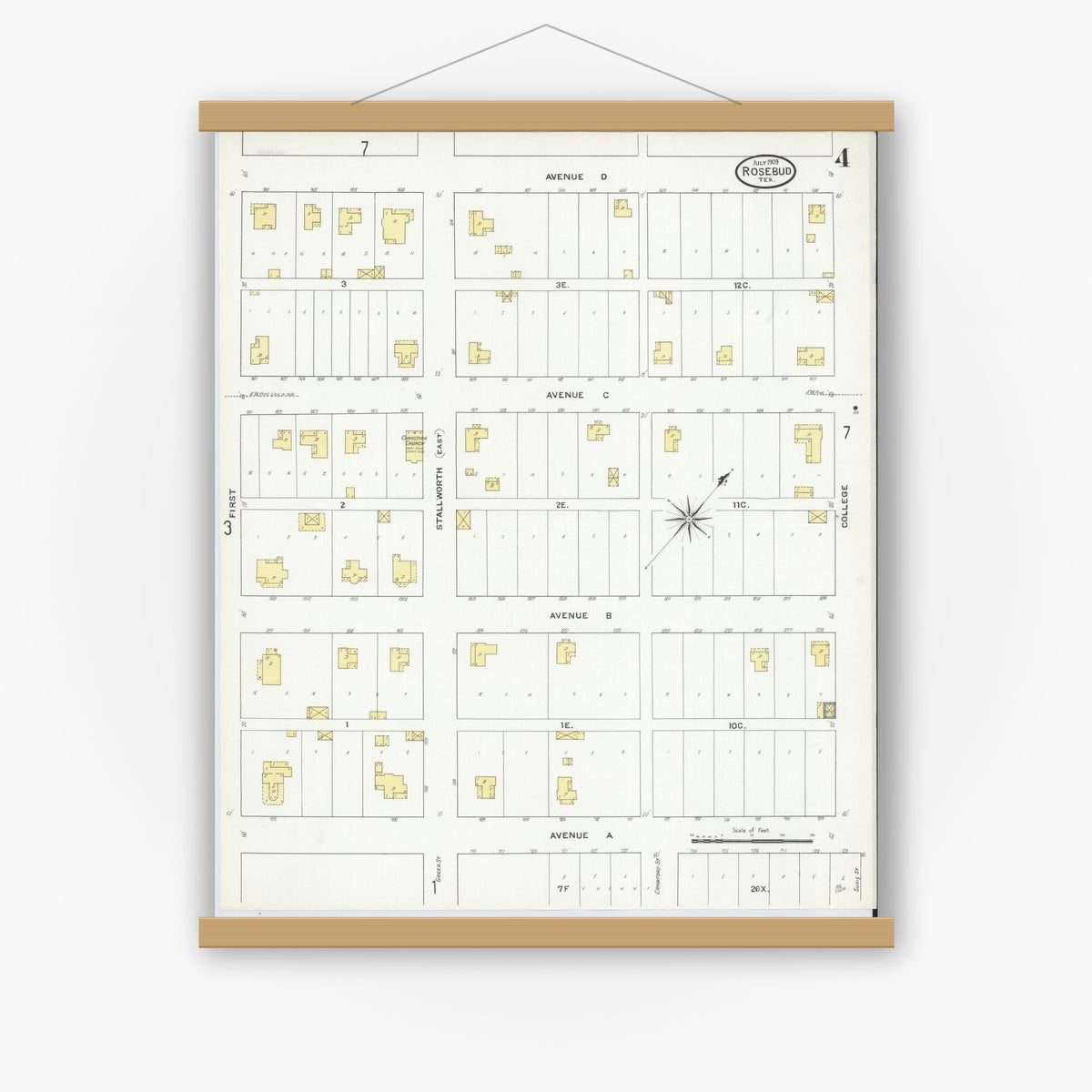Old map wall art mockup — magnetic wood frame on white wall — Sanborn Fire Insurance Map from Rosebud, Falls County, Texas (1909), Sheet #0004