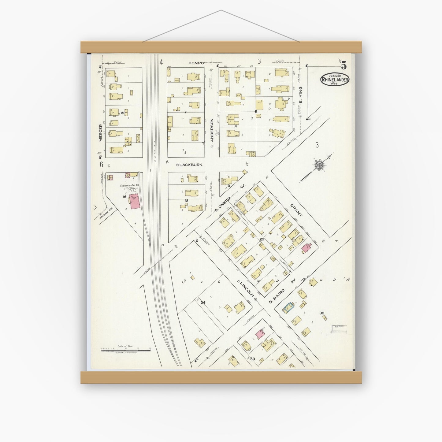 Old map wall art mockup — magnetic wood frame on white wall — Sanborn Fire Insurance Map from Rhinelander, Oneida County, Wisconsin (1920), Sheet #0005