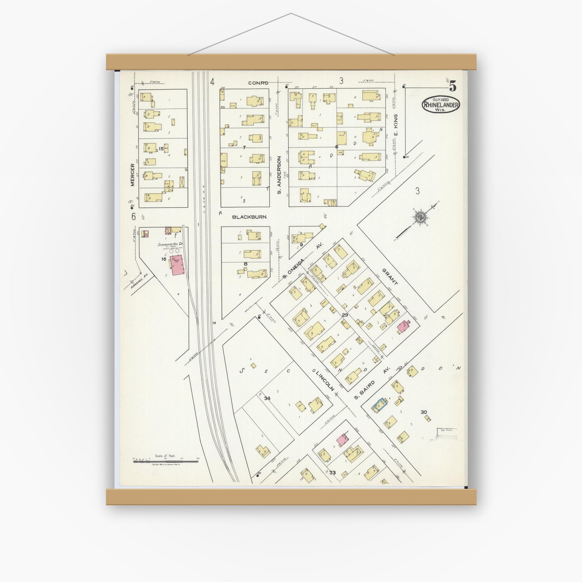 Old map wall art mockup — magnetic wood frame on white wall — Sanborn Fire Insurance Map from Rhinelander, Oneida County, Wisconsin (1920), Sheet #0005