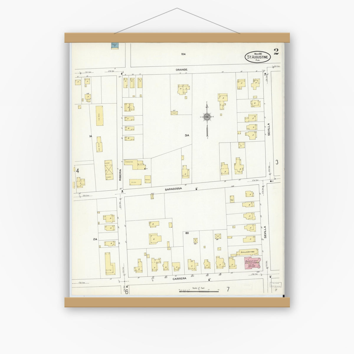 Old map wall art mockup — magnetic wood frame on white wall — Sanborn Fire Insurance Map from Saint Augustine, Saint John's County, Florida (1910), Sheet #0002