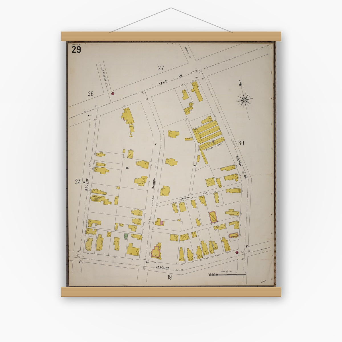 Old map wall art mockup — magnetic wood frame on white wall — Sanborn Fire Insurance Map from Saratoga, Saratoga County, New York (1900), Sheet #0029