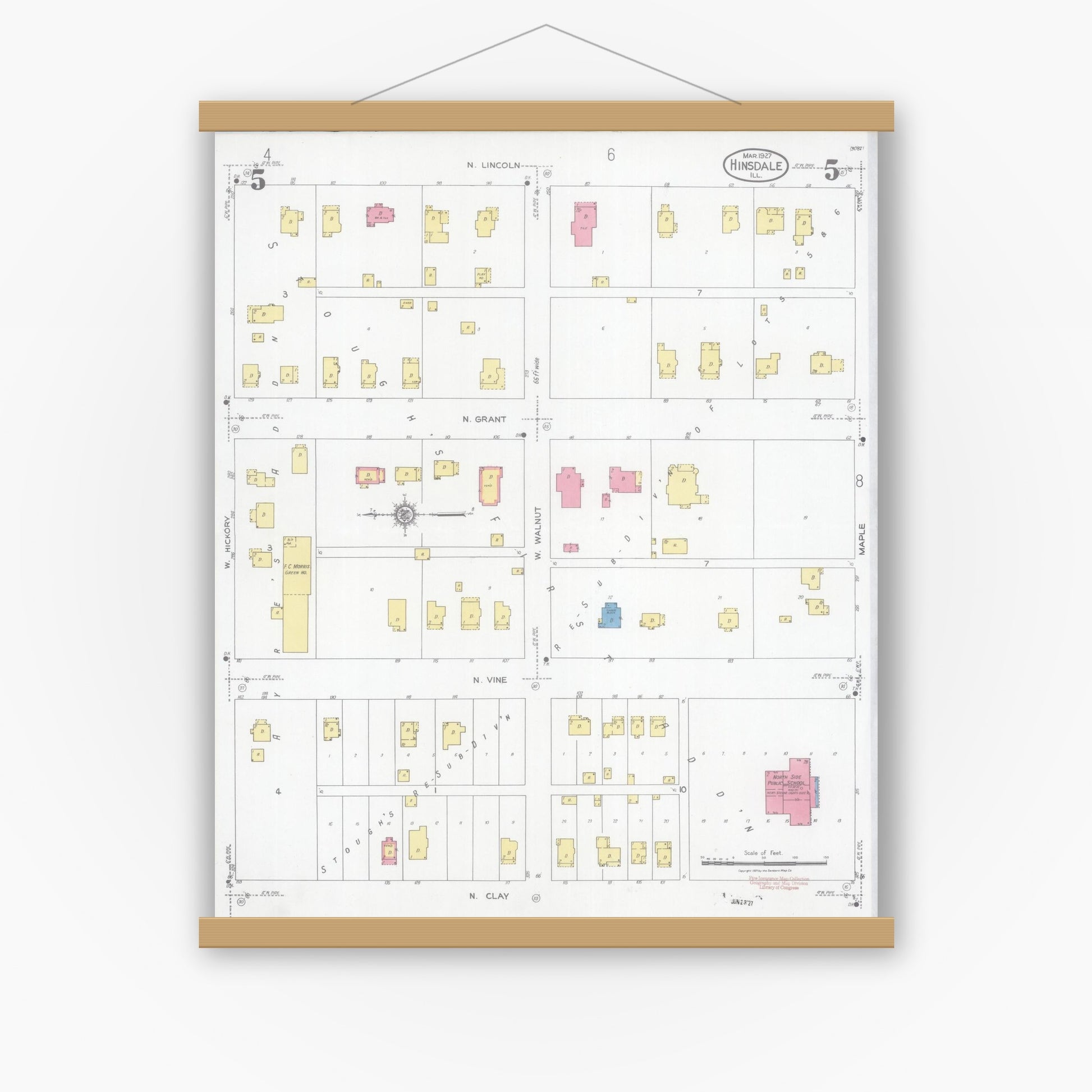 Old map wall art mockup — magnetic wood frame on white wall — Sanborn Fire Insurance Map from Hinsdale, Du Page And Cook Counties, Illinois (1927), Sheet #0005