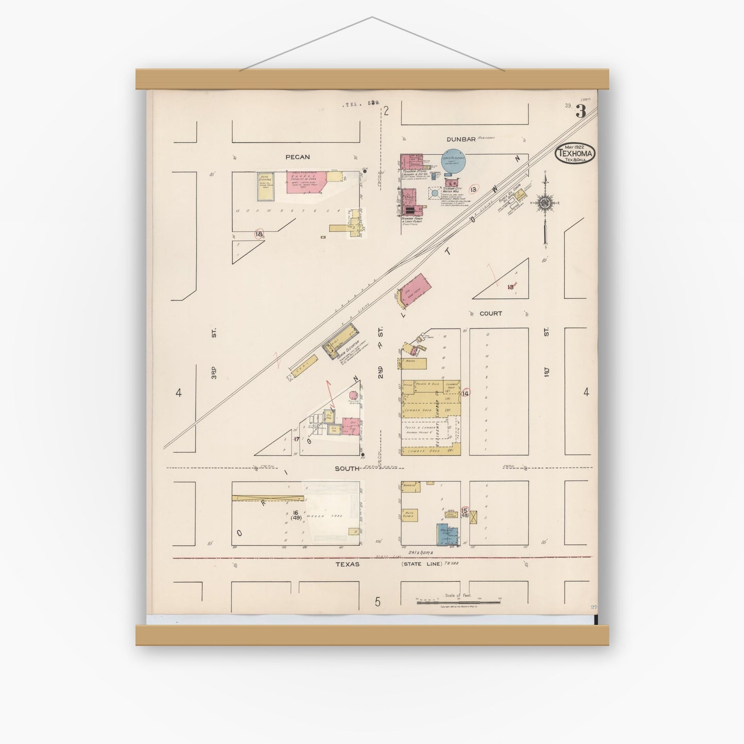 Old map wall art mockup — magnetic wood frame on white wall — Sanborn Fire Insurance Map from Texhoma, Texas County, Oklahoma and Sherman County, Texas, Texas (1930), Sheet #0003