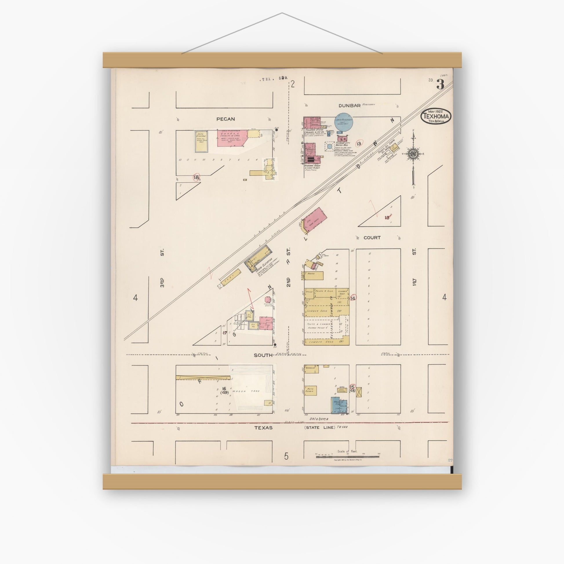 Old map wall art mockup — magnetic wood frame on white wall — Sanborn Fire Insurance Map from Texhoma, Texas County, Oklahoma and Sherman County, Texas, Texas (1930), Sheet #0003