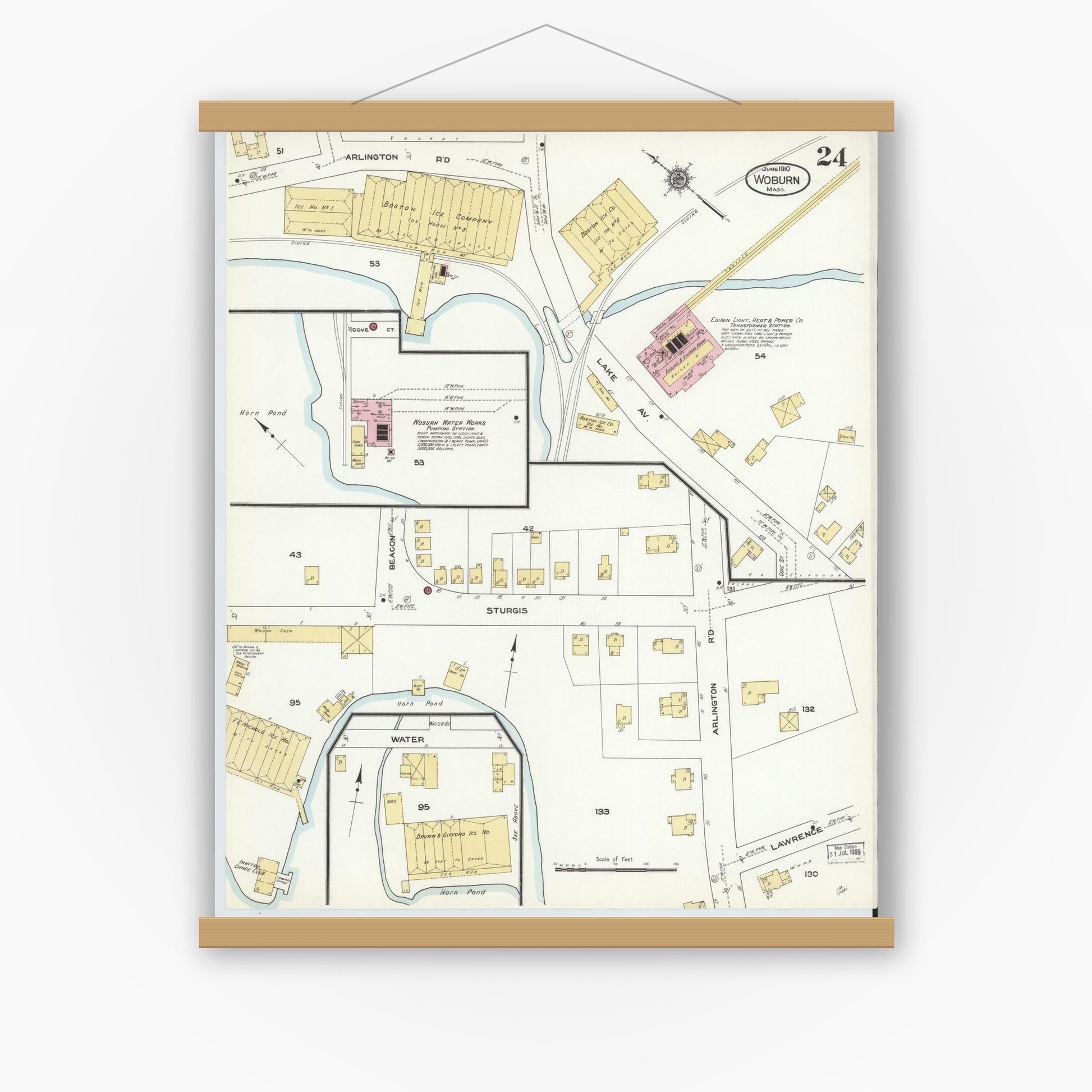 Old map wall art mockup — magnetic wood frame on white wall — Sanborn Fire Insurance Map from Woburn, Middlesex County, Massachusetts (1910), Sheet #0024