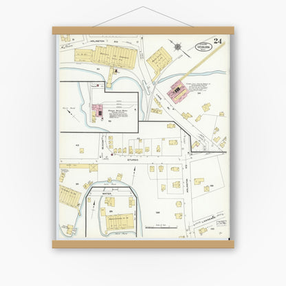Old map wall art mockup — magnetic wood frame on white wall — Sanborn Fire Insurance Map from Woburn, Middlesex County, Massachusetts (1910), Sheet #0024