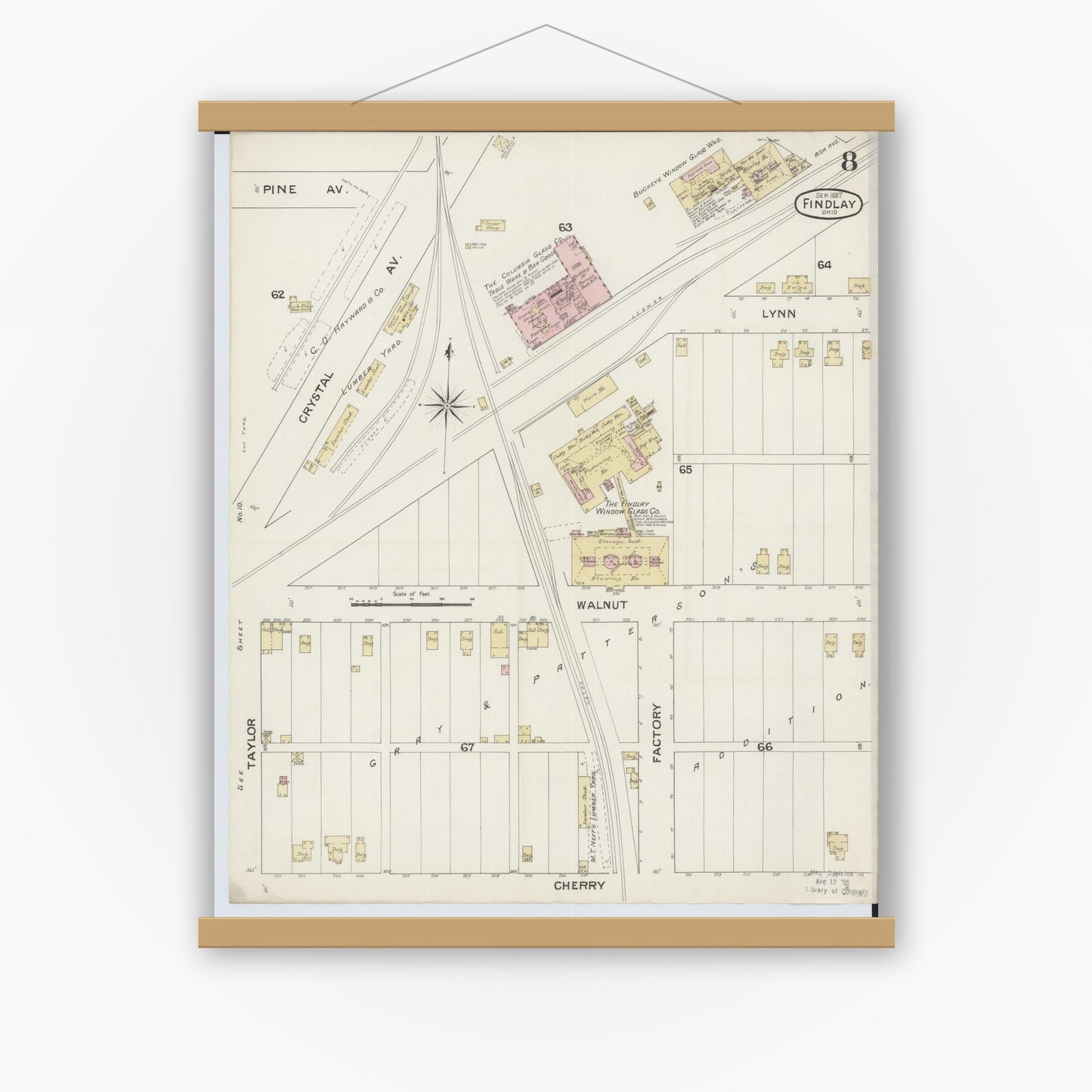 Old map wall art mockup — magnetic wood frame on white wall — Sanborn Fire Insurance Map from Findlay, Hancock County, Ohio (1887), Sheet #0008