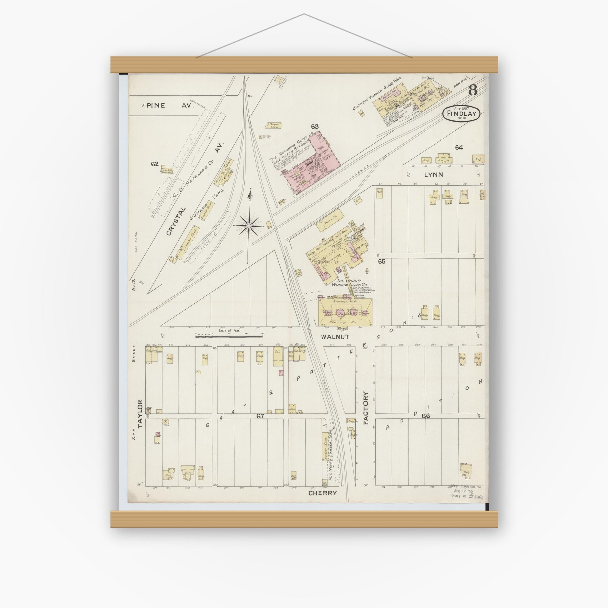Old map wall art mockup — magnetic wood frame on white wall — Sanborn Fire Insurance Map from Findlay, Hancock County, Ohio (1887), Sheet #0008