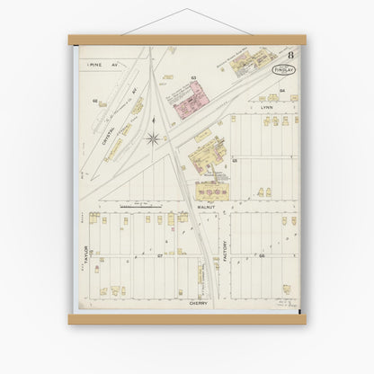 Old map wall art mockup — magnetic wood frame on white wall — Sanborn Fire Insurance Map from Findlay, Hancock County, Ohio (1887), Sheet #0008