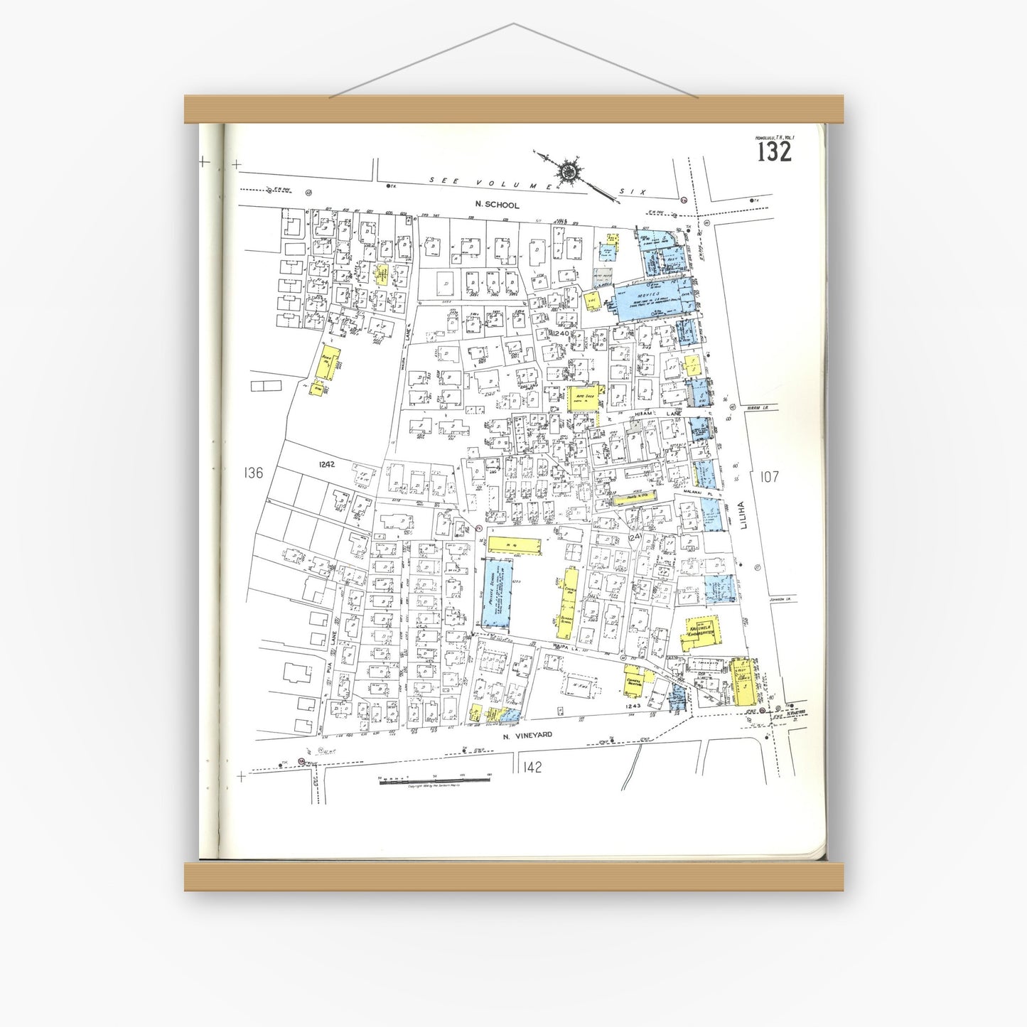 Old map wall art mockup — magnetic wood frame on white wall — Sanborn Fire Insurance Map from Honolulu, Oahu County, Hawaii (1955), Sheet #0132