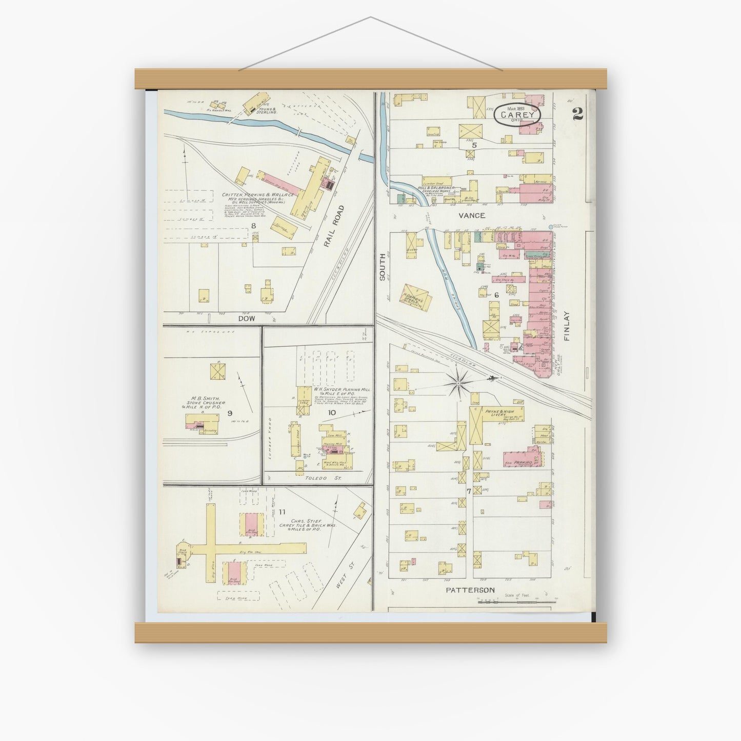 Old map wall art mockup — magnetic wood frame on white wall — Sanborn Fire Insurance Map from Carey, Wyandot County, Ohio (1893), Sheet #0002
