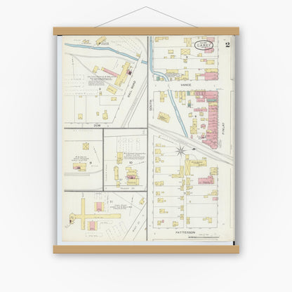 Old map wall art mockup — magnetic wood frame on white wall — Sanborn Fire Insurance Map from Carey, Wyandot County, Ohio (1893), Sheet #0002